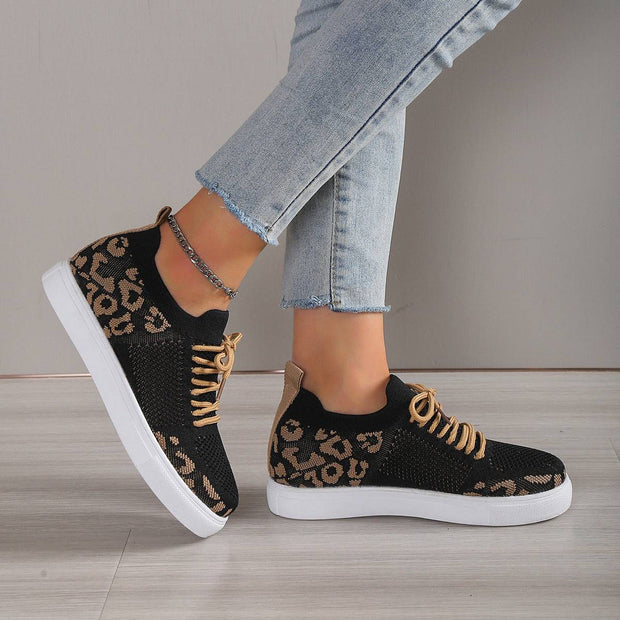 Lace-Up Leopard Flat Sneakers -