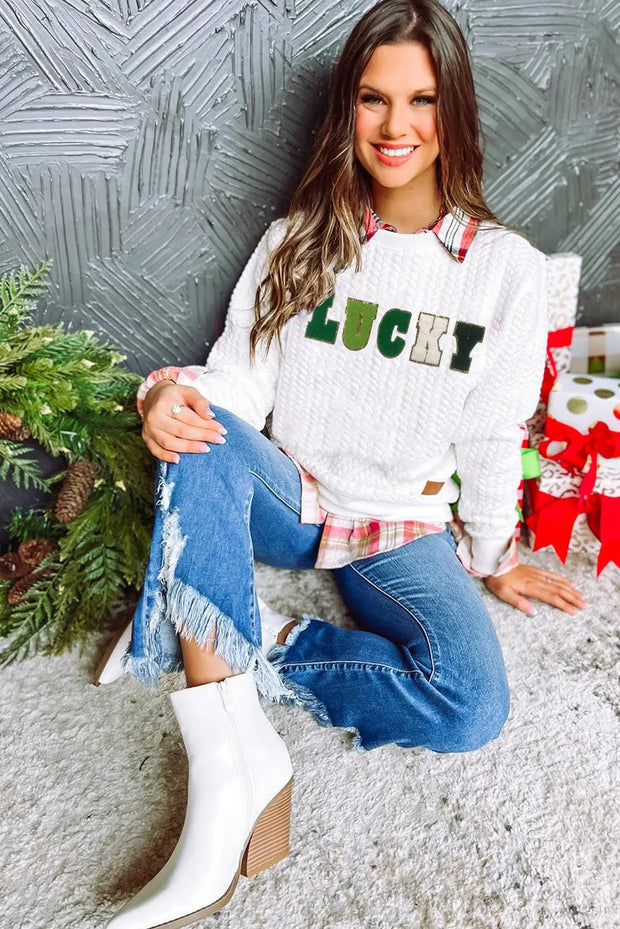 White Lucky Letter Patch Quilted Sweatshirt -