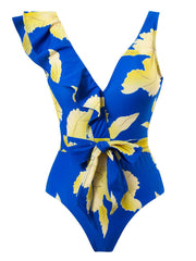 a blue and yellow one piece swimsuit with yellow flowers on it