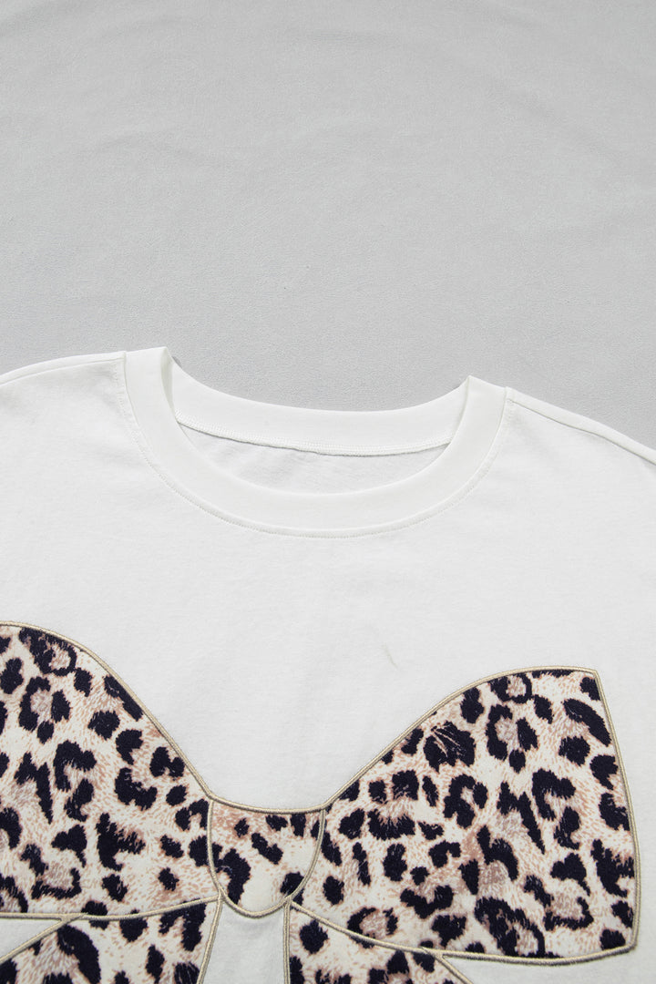 White Plus Size Leopard Bow Embroidered Patch Casual T Shirt