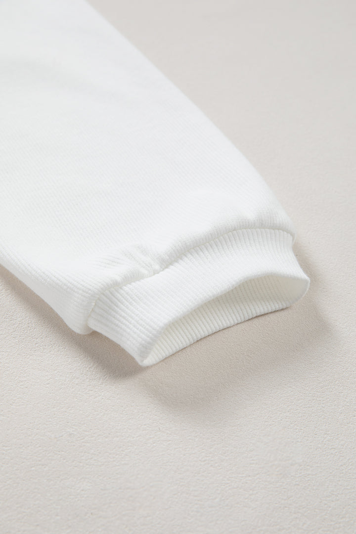 White 3d Ribbed XOXO Heart Embroidered Drop Shoulder Sweatshirt