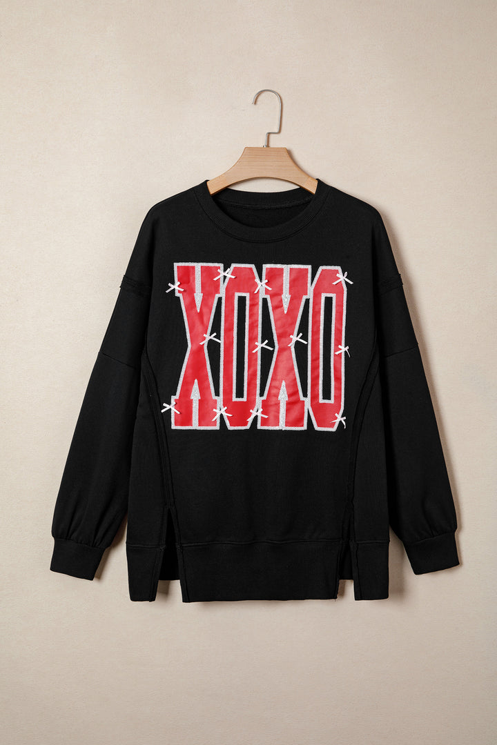 Black Bow Letter Graphic Exposed Seam Baggy Sweatshirt