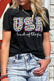 Black Leopard USA land of the free Slogan Graphic T Shirt - Black / S