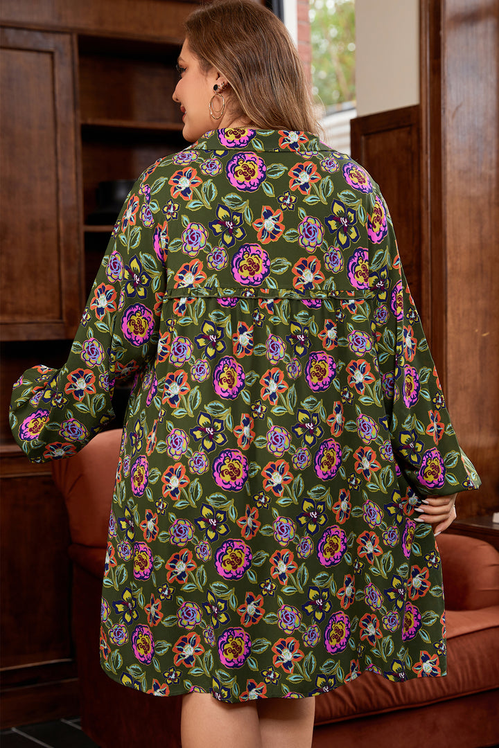 Green Plus Size Floral Print Collared V Neck Loose Mini Dress