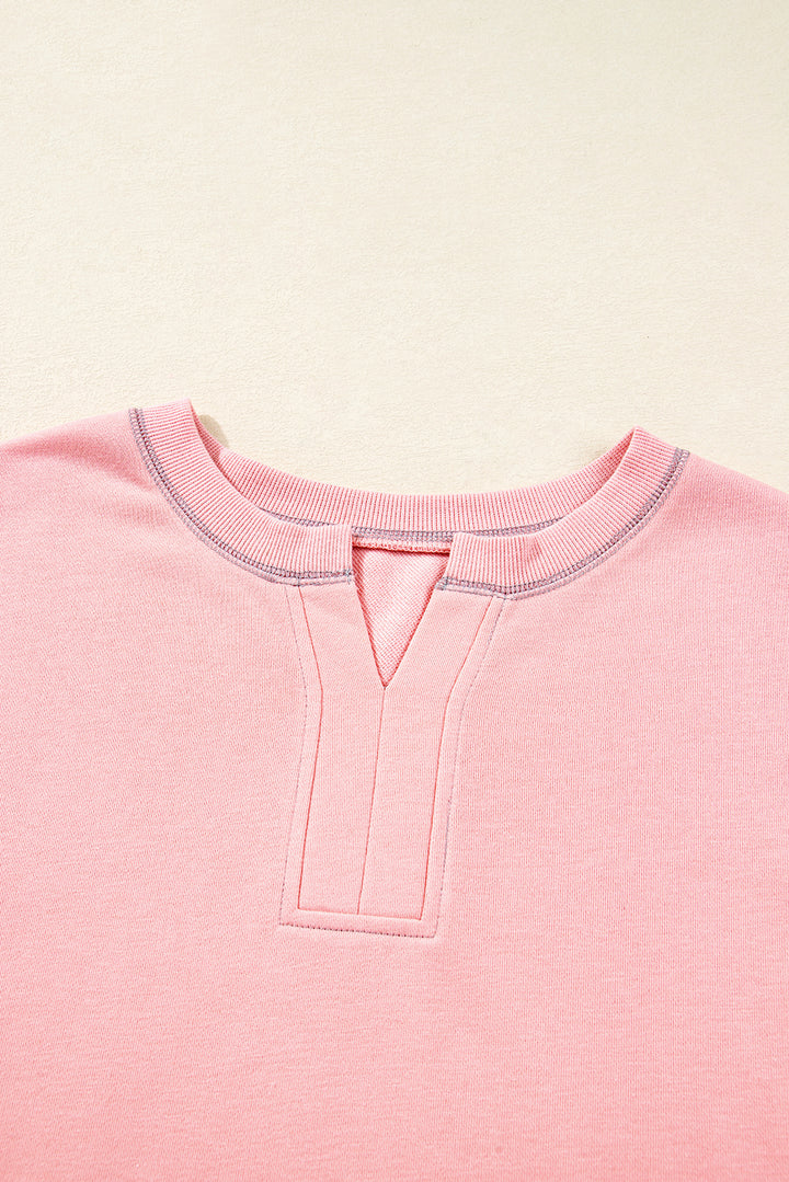 Apricot Pink Exposed Seam Colorblock Patchwork Split Cuffs Oversized Sweatshirt