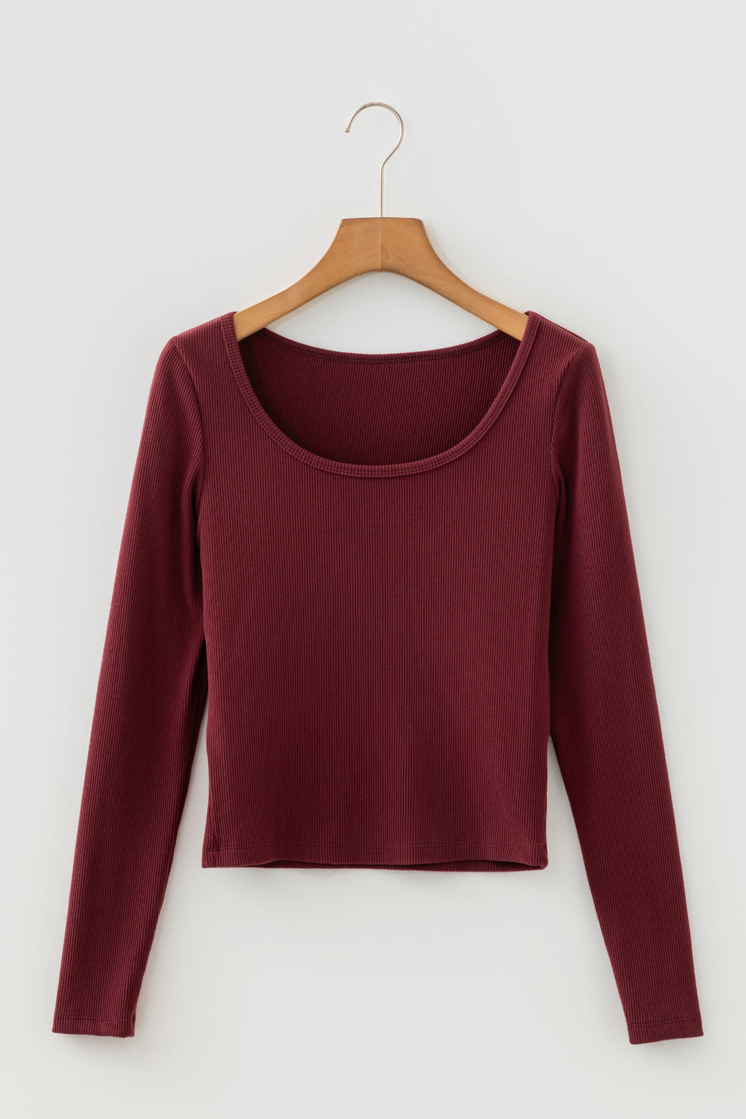 Coffee Ribbed Solid Color U Neck Cropped Long Sleeve Top