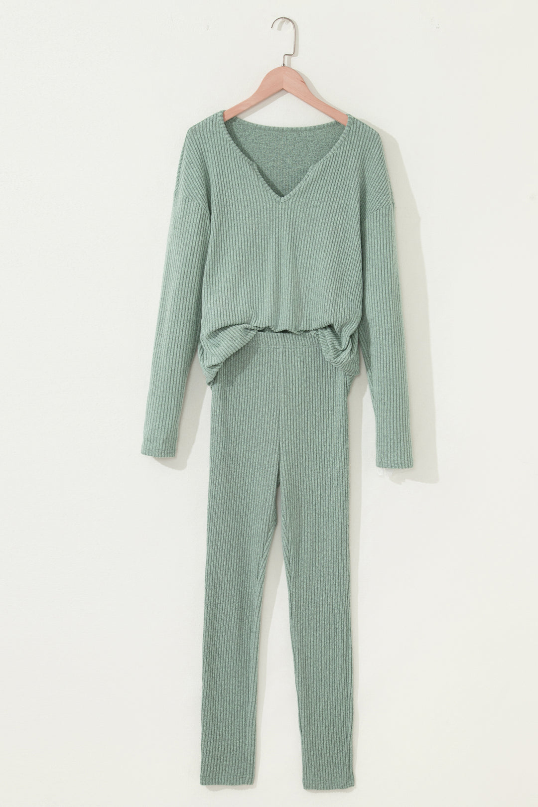 Ribbed Notched Neck Knit Long Sleeve Leggings Two Pieces Lounge Set