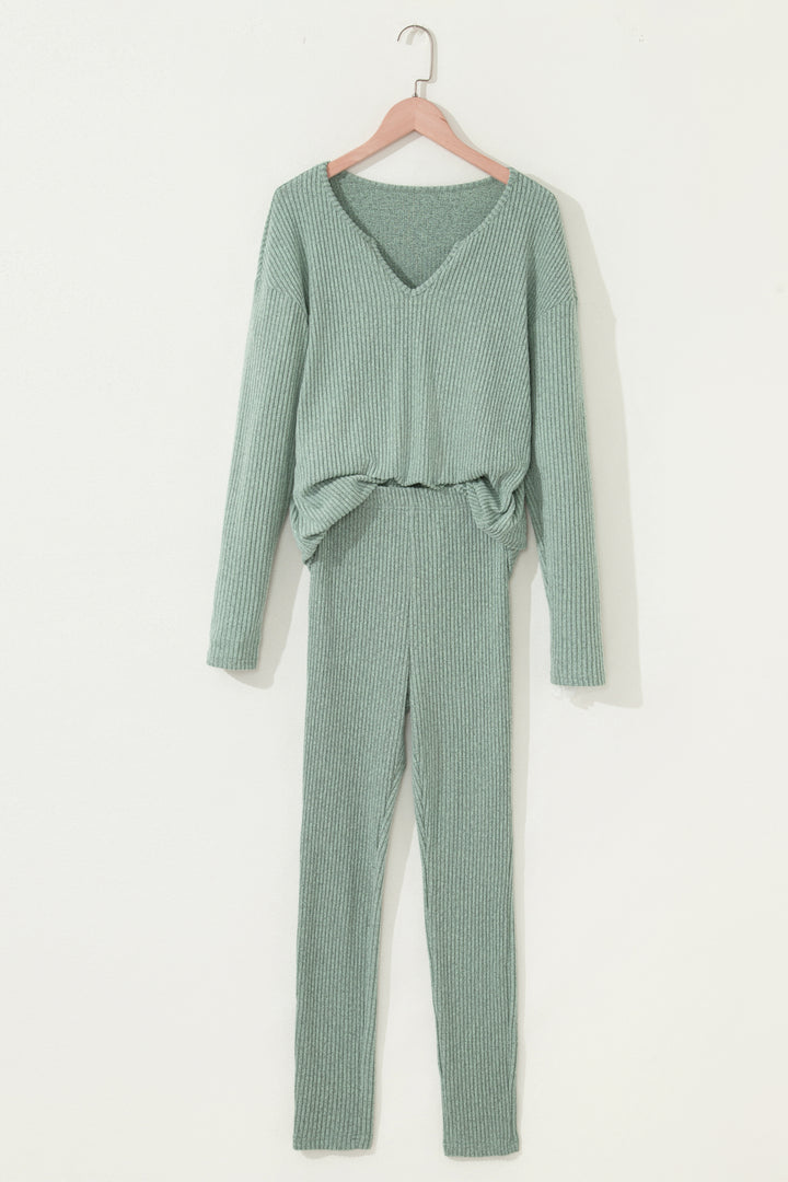 Ribbed Notched Neck Knit Long Sleeve Leggings Two Pieces Lounge Set