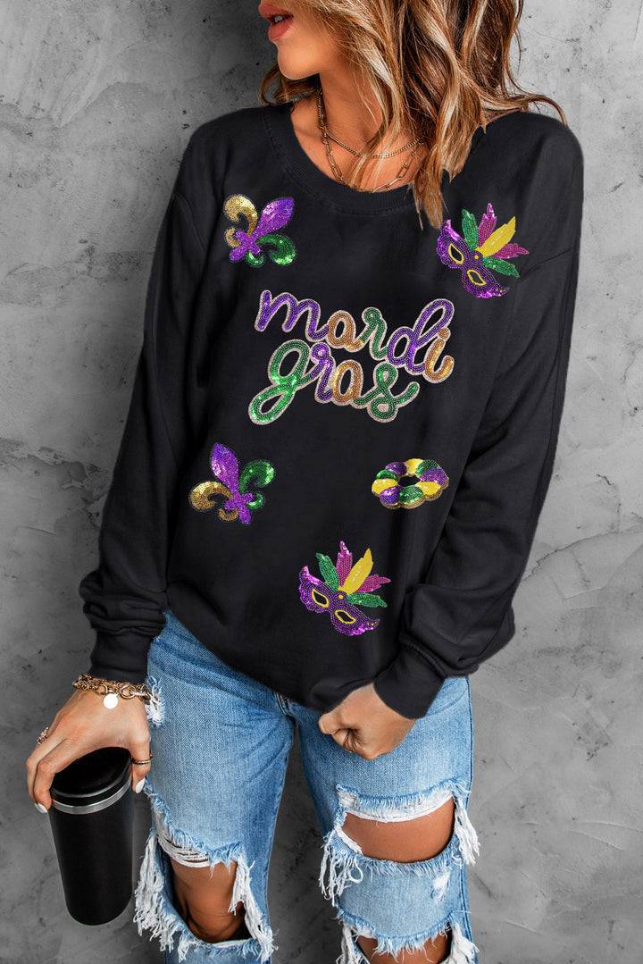 Black Mardi gras Fleur de Lis Graphic Pullover Sweatshirt