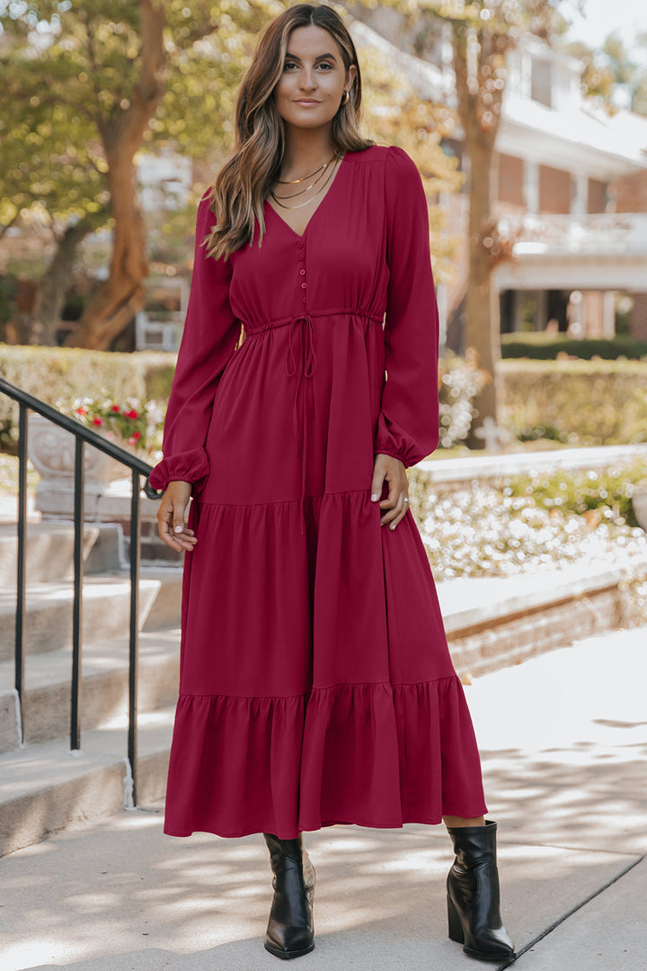Solid color Long Sleeve Button V Neck Tiered Maxi Dress