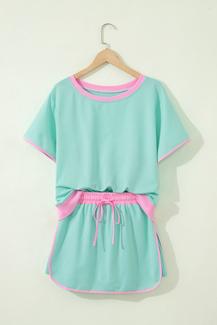 Colorblock Edge Drop Shoulder T Shirt and Skort 2Pcs Set