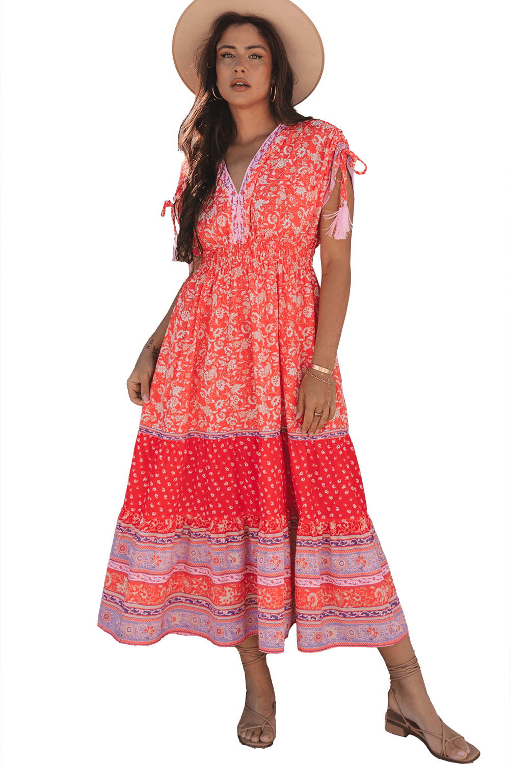 cutout image of model in Red Floral Print Tasseled Tied Sleeve Empire Waist Maxi Dress, ideal for product listings and e-commerce display