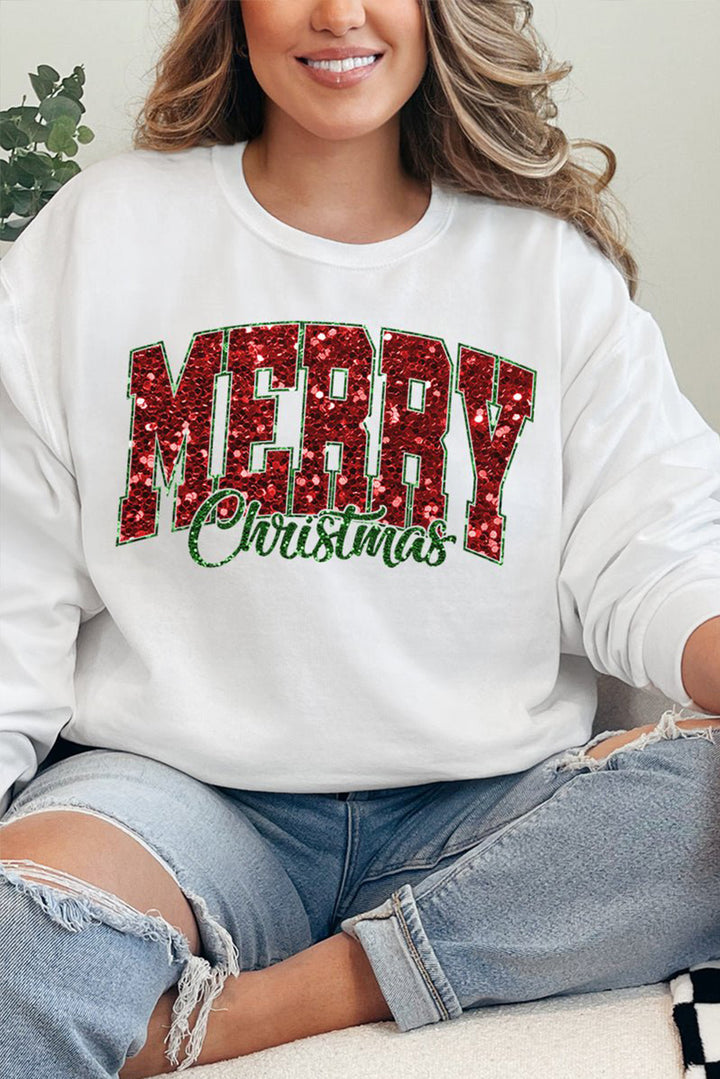 Beige MERRY Christmas Heat Transfer Printing Crewneck Pullover Sweatshirt styled with ripped jeans, ideal for cozy and stylish holiday looks at Faith & Co. Boutique.