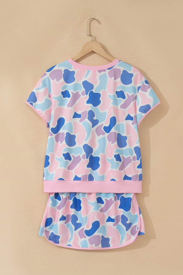 Pink Camouflage Print Contrast Trim Athletic Skort Set