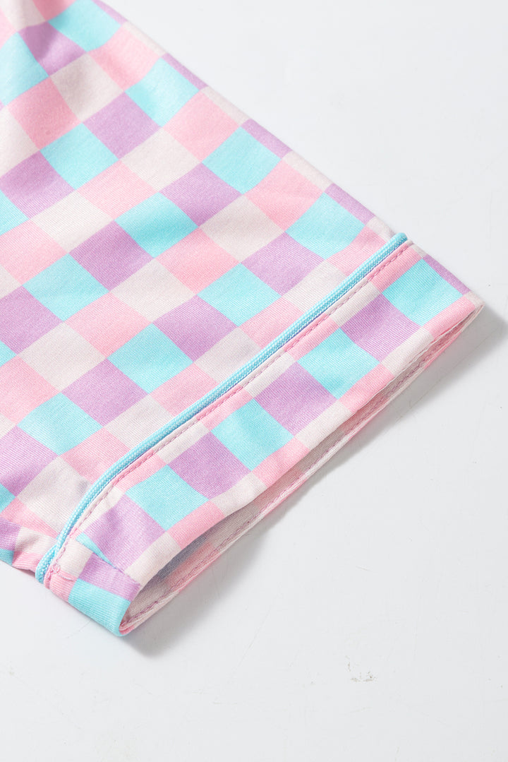 Sleeve detail of Purple Checkered Pattern Short Sleeve Pajamas Set showing pastel checkered print and clean seam finish.