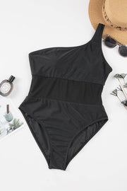 Black Asymmetric Neck Mesh Patchwork One Piece Swimwear -