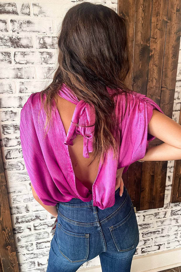 Bright Pink Ruched Sleeves Knotted Backless Blouse -