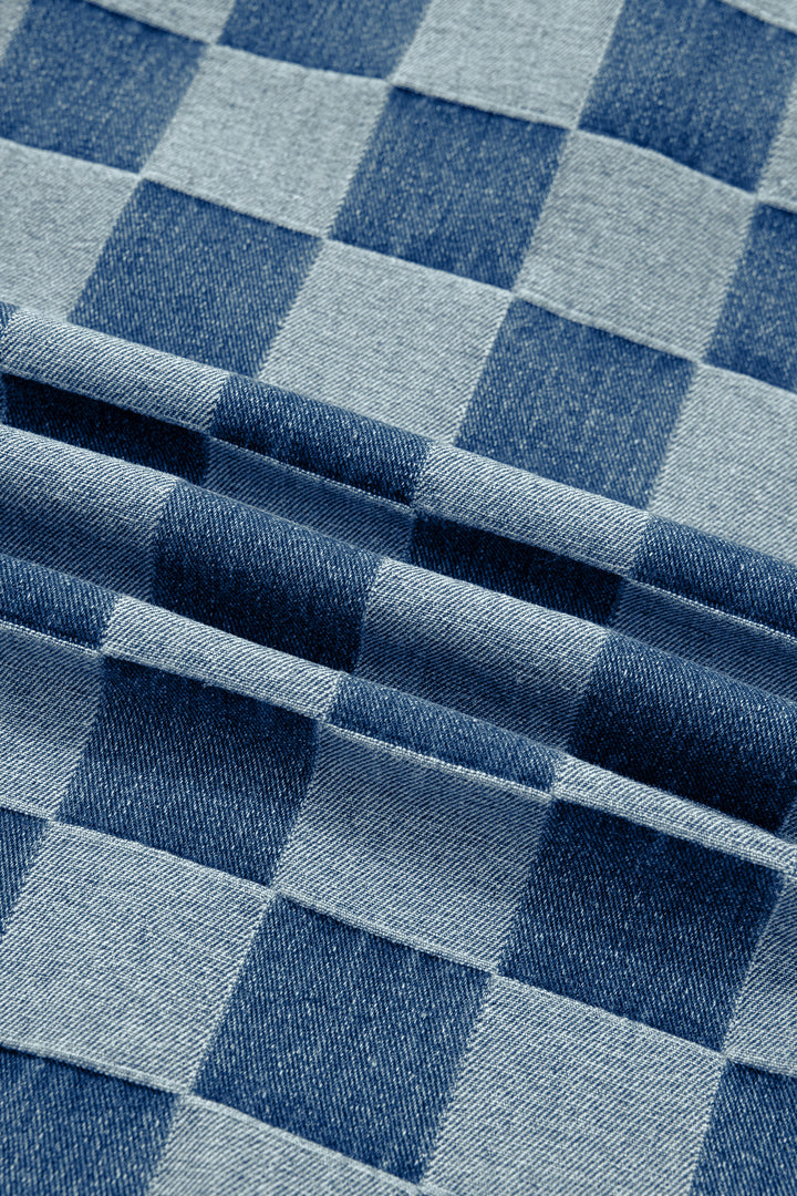 Beau Blue Checkered Ruffle Trim Button Down Denim Vest