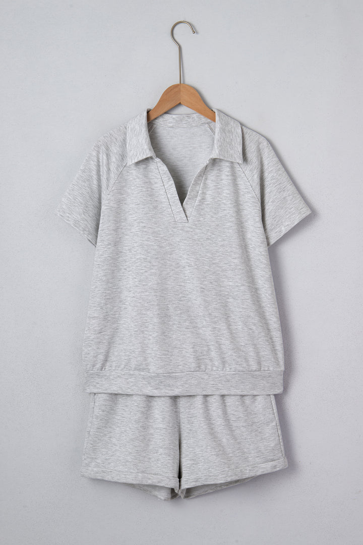Light Grey Collared V Neck Tee Drawstring Elastic Waist Shorts 2pcs Outfit
