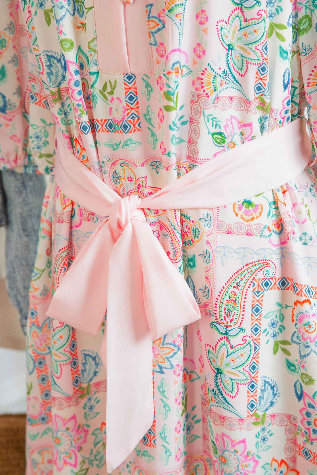 Pink Boho Floral Print Color Block Trim Half Button Belted Mini Dress