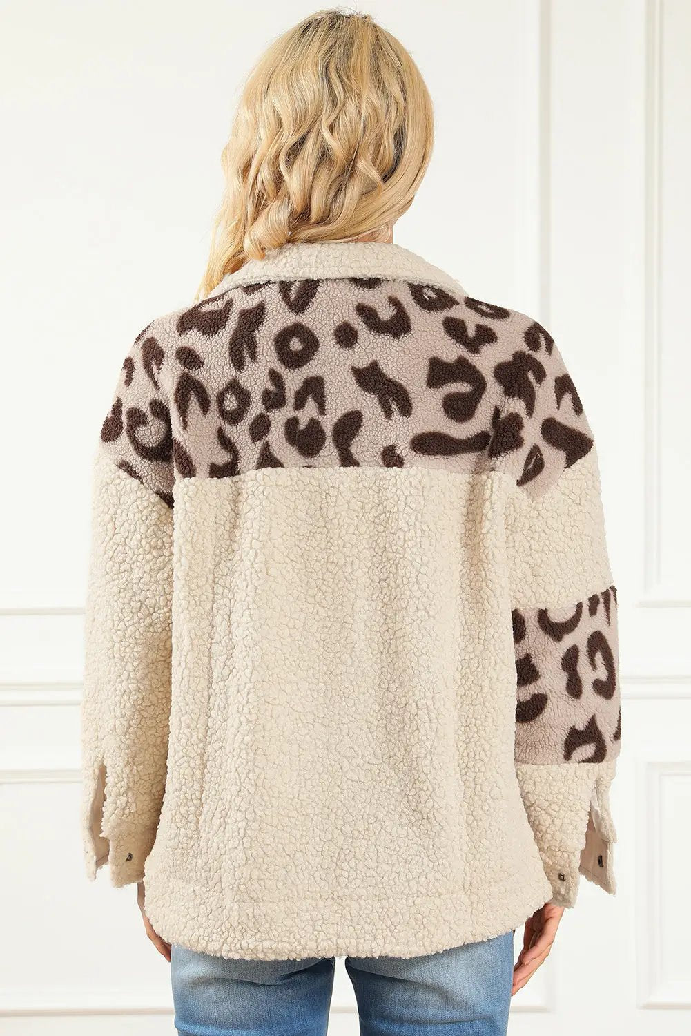 Beige Leopard Patchwork Snap Buttons Sherpa Jacket -