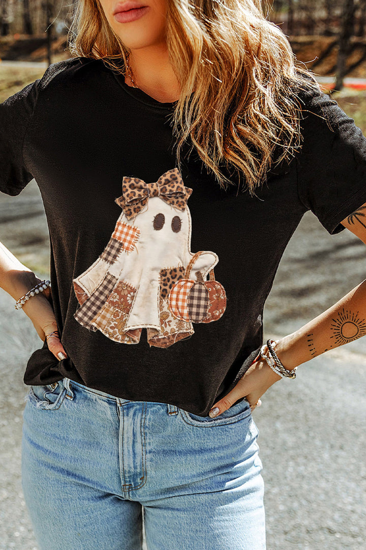 Black Halloween Ghost Appliqué Graphic T-Shirt