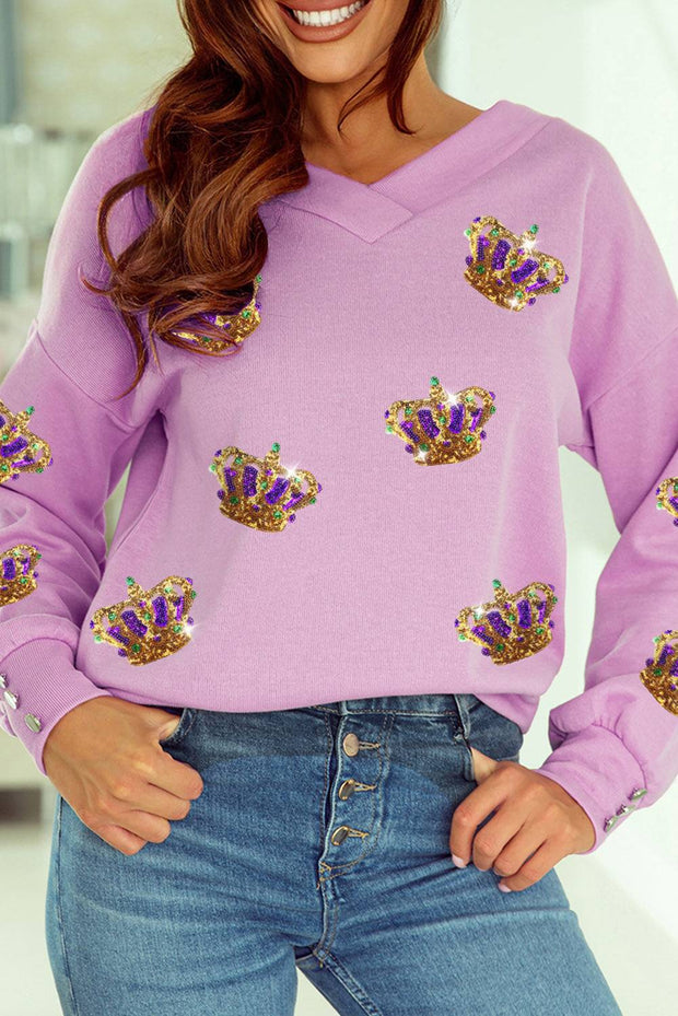Purple Mardi Gras Sequin Crown Graphic V Neck Pullover - Purple / 2XL
