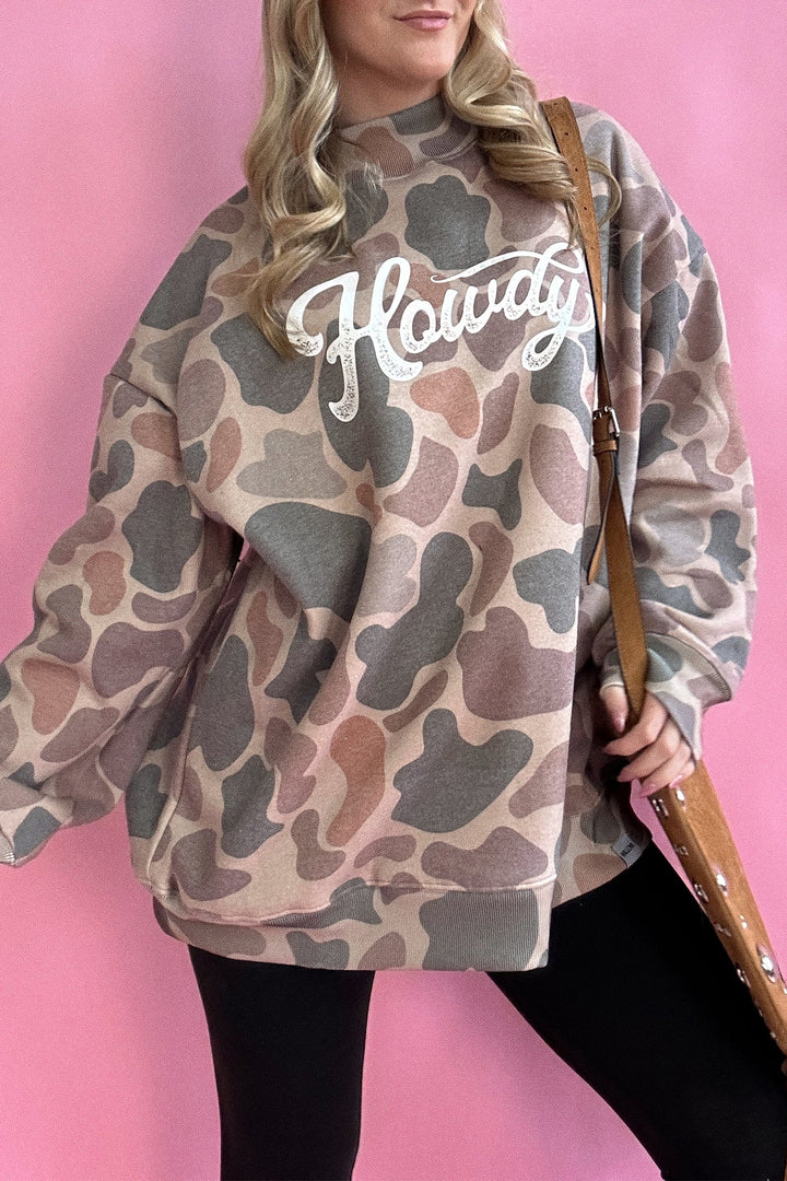 Multicolor Camo Print Howdy Western Style Pullover Sweatshirt