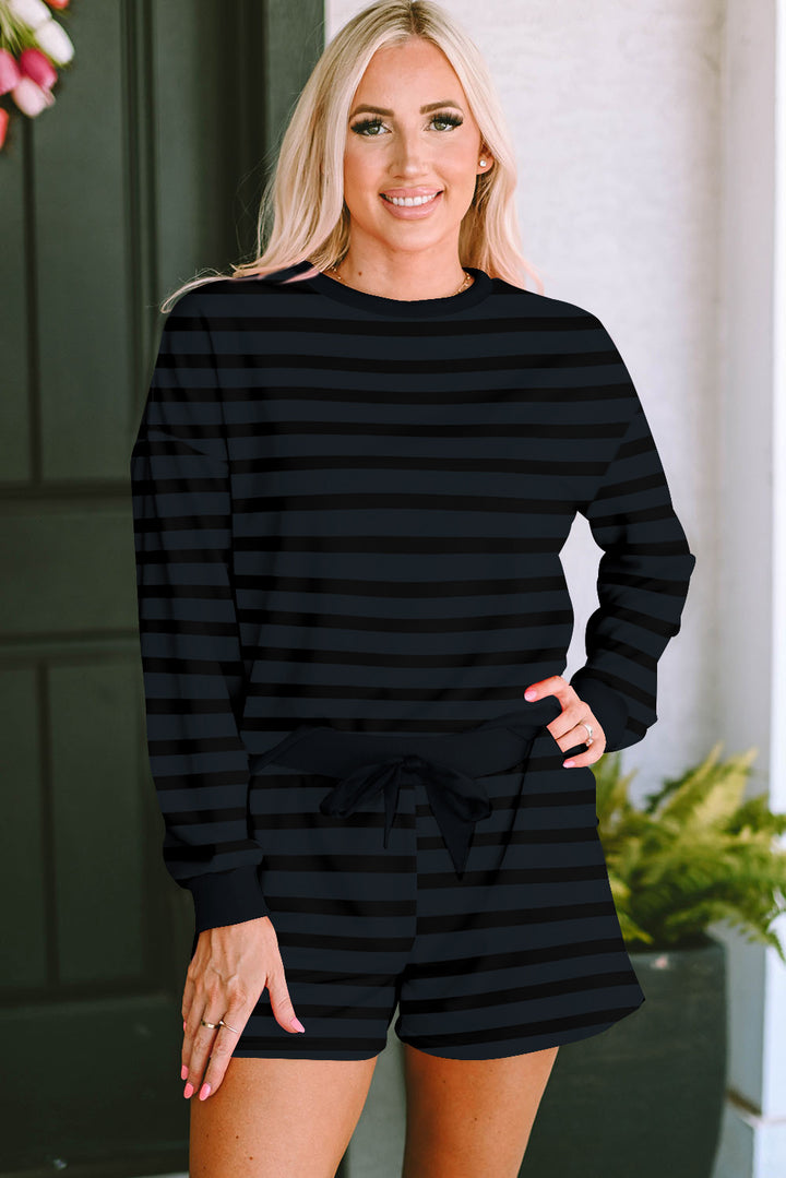 Gray Printed Leopard Long Sleeve Satin Tie Shorts Two Piece Set