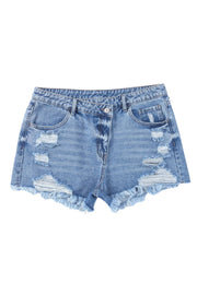 a women's jean shorts with torn knees