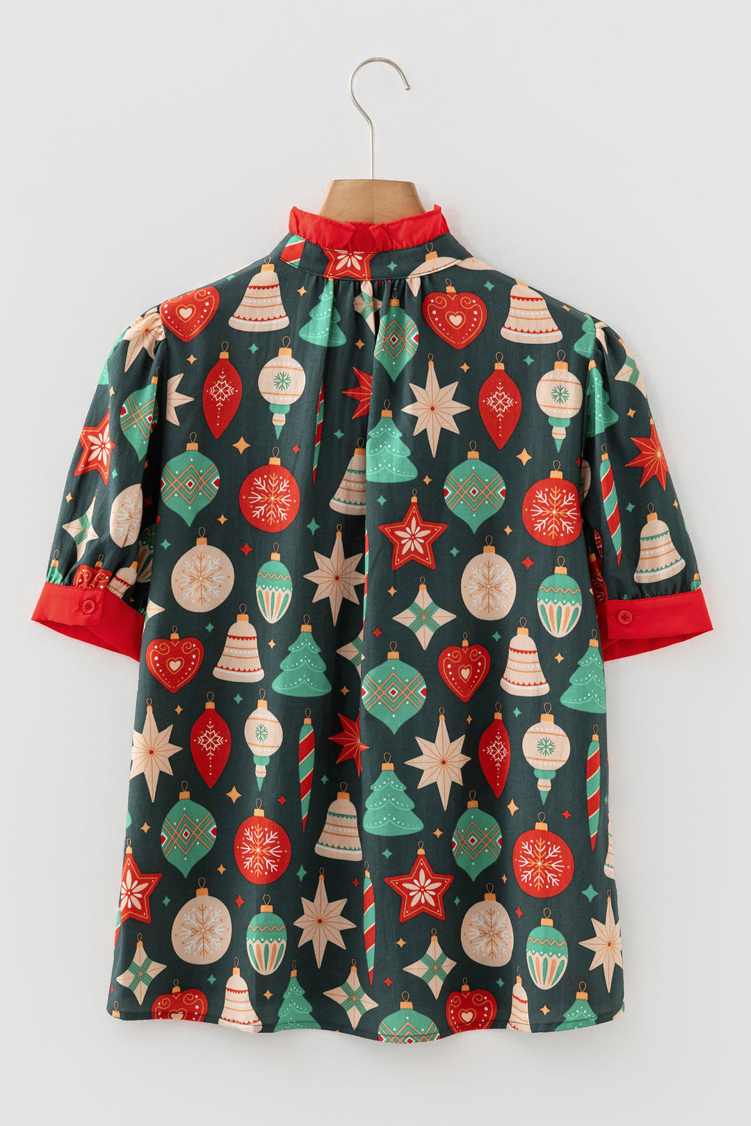 Green Christmas Fashion Print Contrast Trim Frilled Neck Short Sleeve Blouse