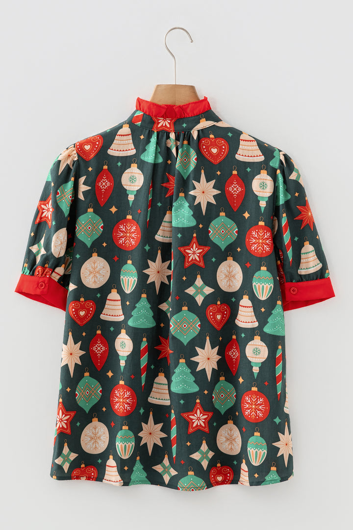 Green Christmas Fashion Print Contrast Trim Frilled Neck Short Sleeve Blouse