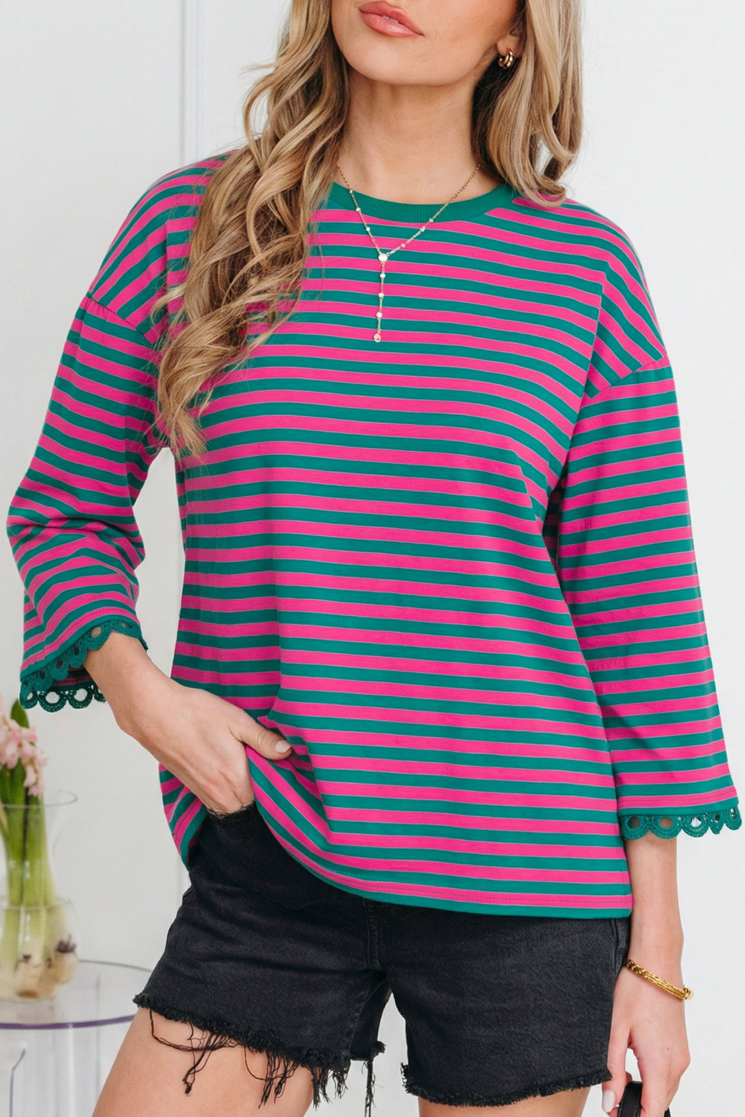 Racing Striped Print Drop Shoulder Lace Trim Bracelet Sleeve Loose Top