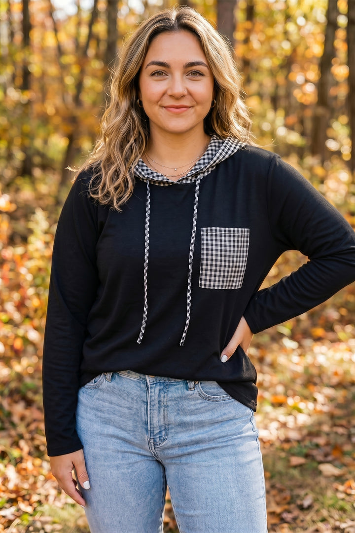 Black Hooded Gingham Paneling Chest Patch Pocket Long Sleeve Plus Size Blouse