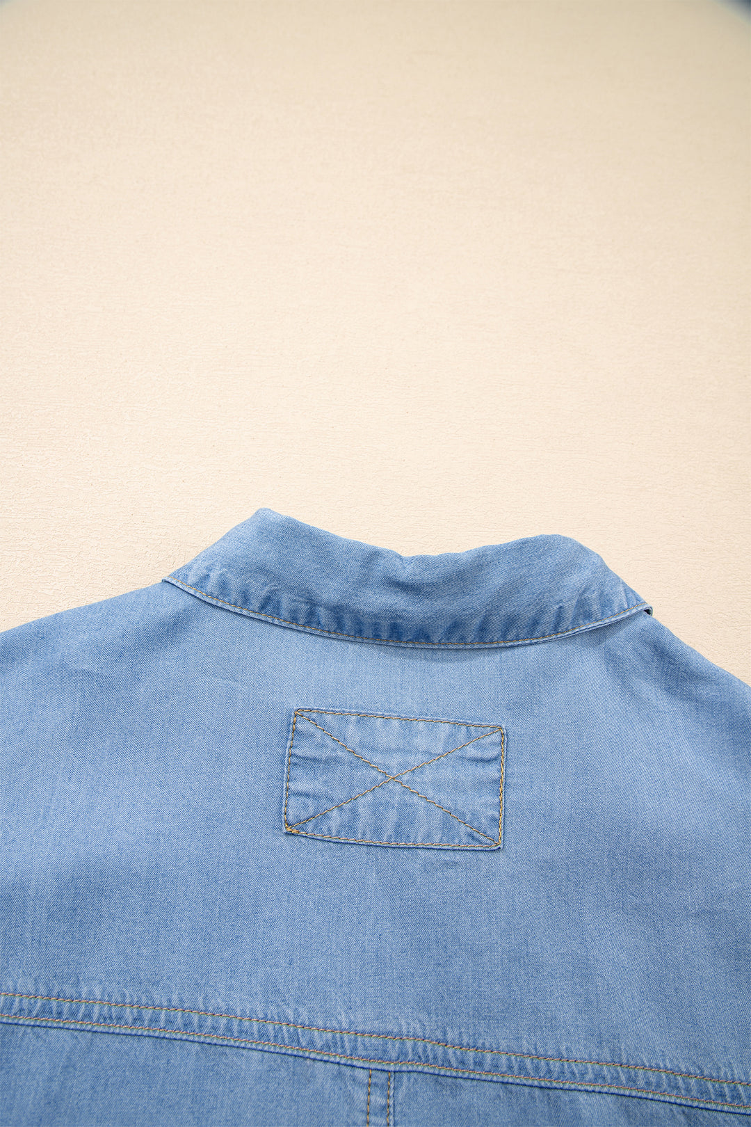 Beau Blue Half Sleeve Button Down Ruffled High Low Chambray Shirt