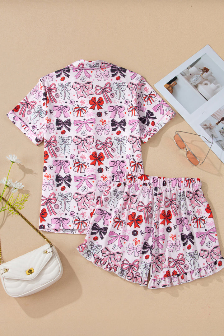 Pink Cute Ribbon Bows Printed Shirt Style 2pcs Short Pajama Set