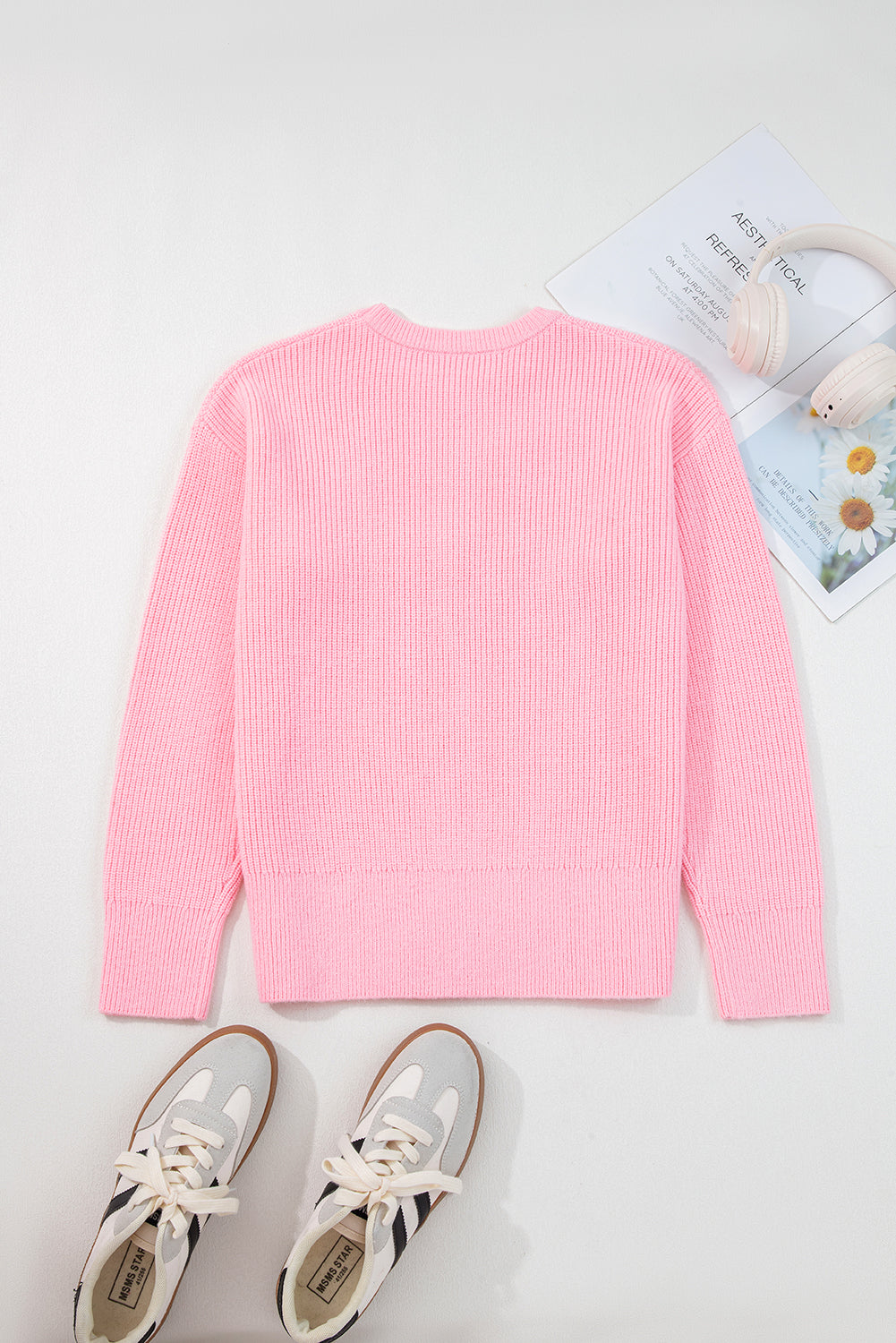 Pink Merry Candy Cane Puffy Knit Crew Neck Sweater