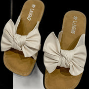 Bow PU Leather Flat Sandals - Cream / 35(US4)