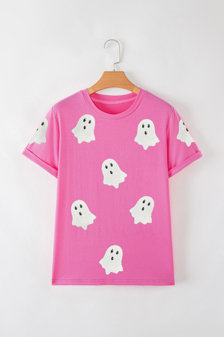 Sequin Halloween Ghost Patched Casual T Shirt