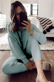 Blue Solid Color Half Zipped Top and Drawstring Pants Loungewear Set -