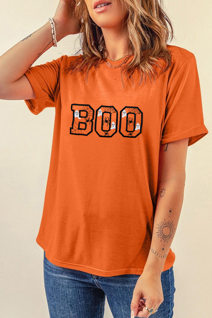 Orange BOO Halloween Ghost Sipder Embroidered Graphic Tee