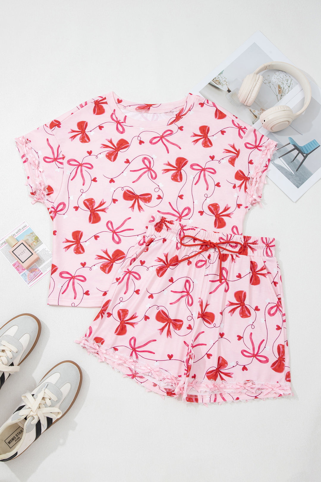 Red Romantic Bow Print Loose Tee Drawstring Shorts 2pcs Lounge Set