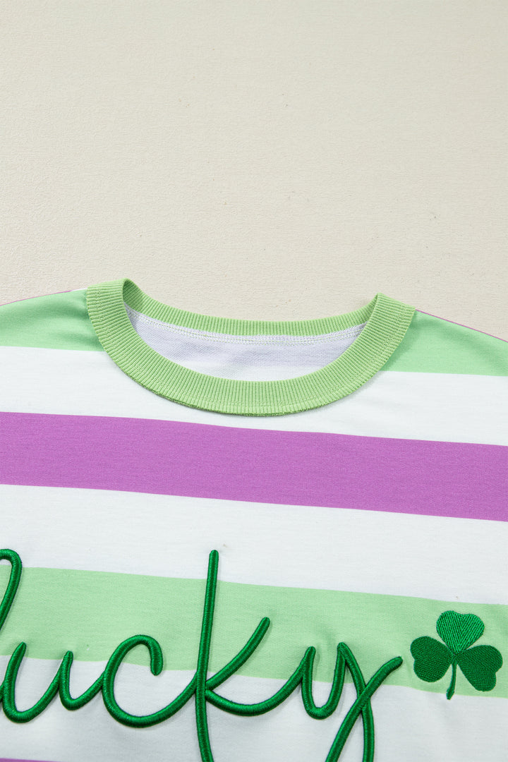 Green Stripe Lucky Clover Embroidered Graphic Dolman Loose Tee