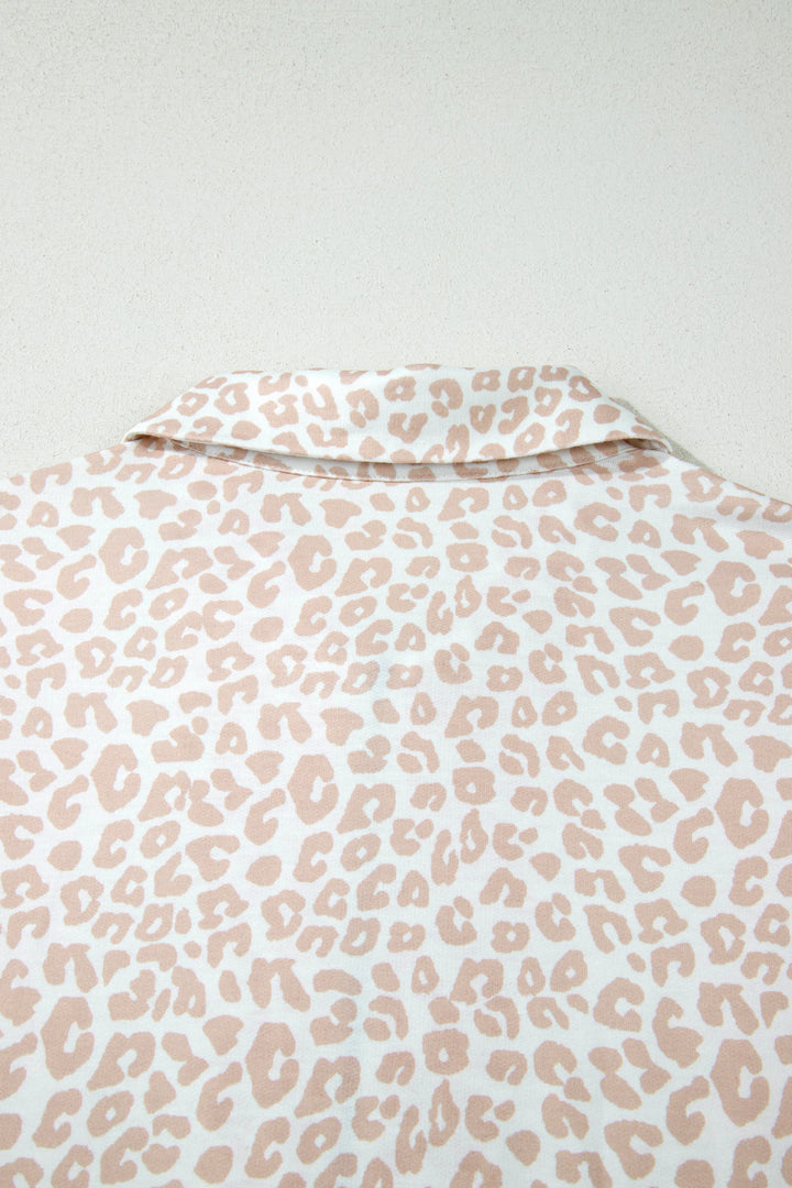 Beige Leopard Zip Polo Top 2pcs Short Set