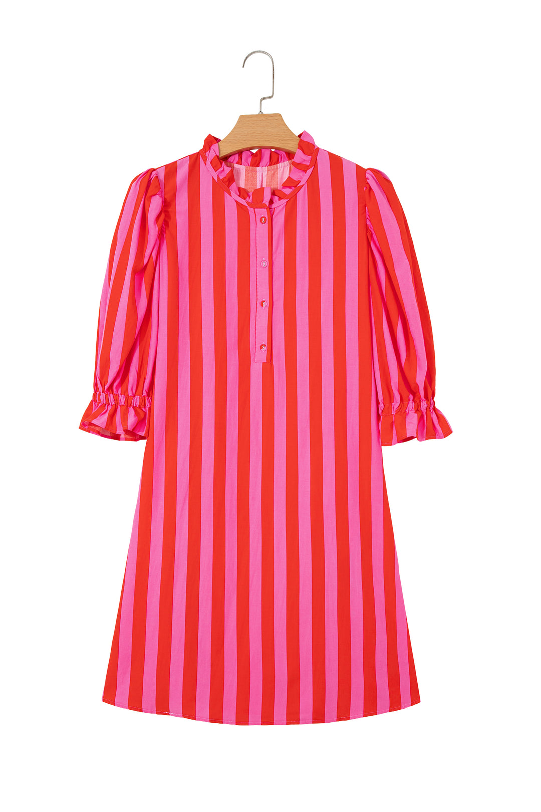 Stripe Half Button Puff Sleeve Loose Mini Dress