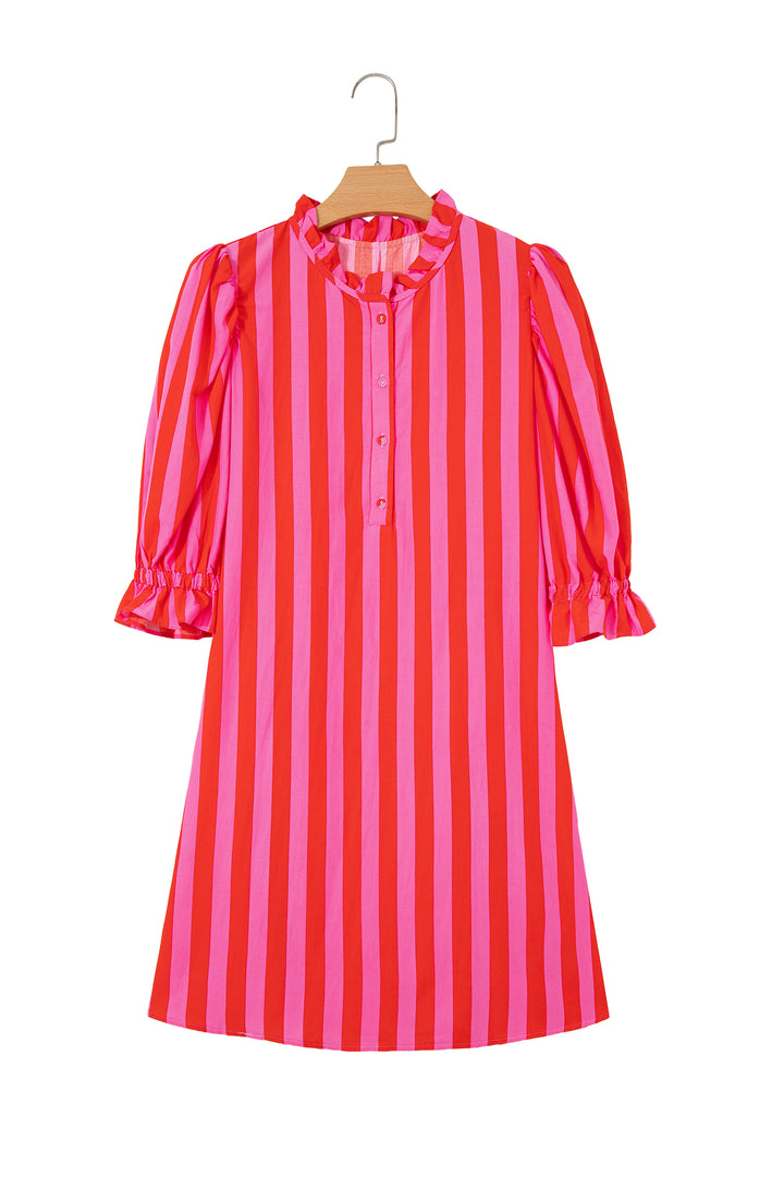 Stripe Half Button Puff Sleeve Loose Mini Dress