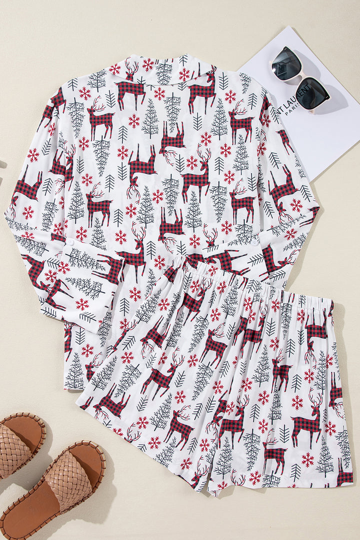 White Christmas Deer Printed Shirt and Shorts Lounge Set