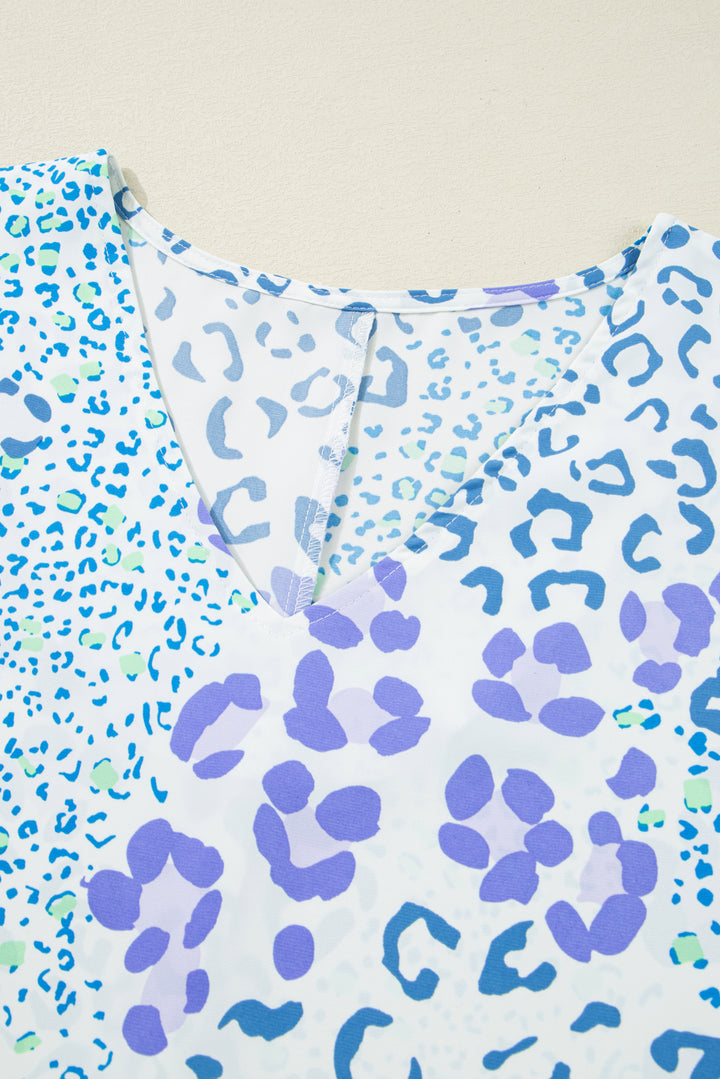 Sky Blue Leopard Print Short Sleeve V Neck Plus Size Top