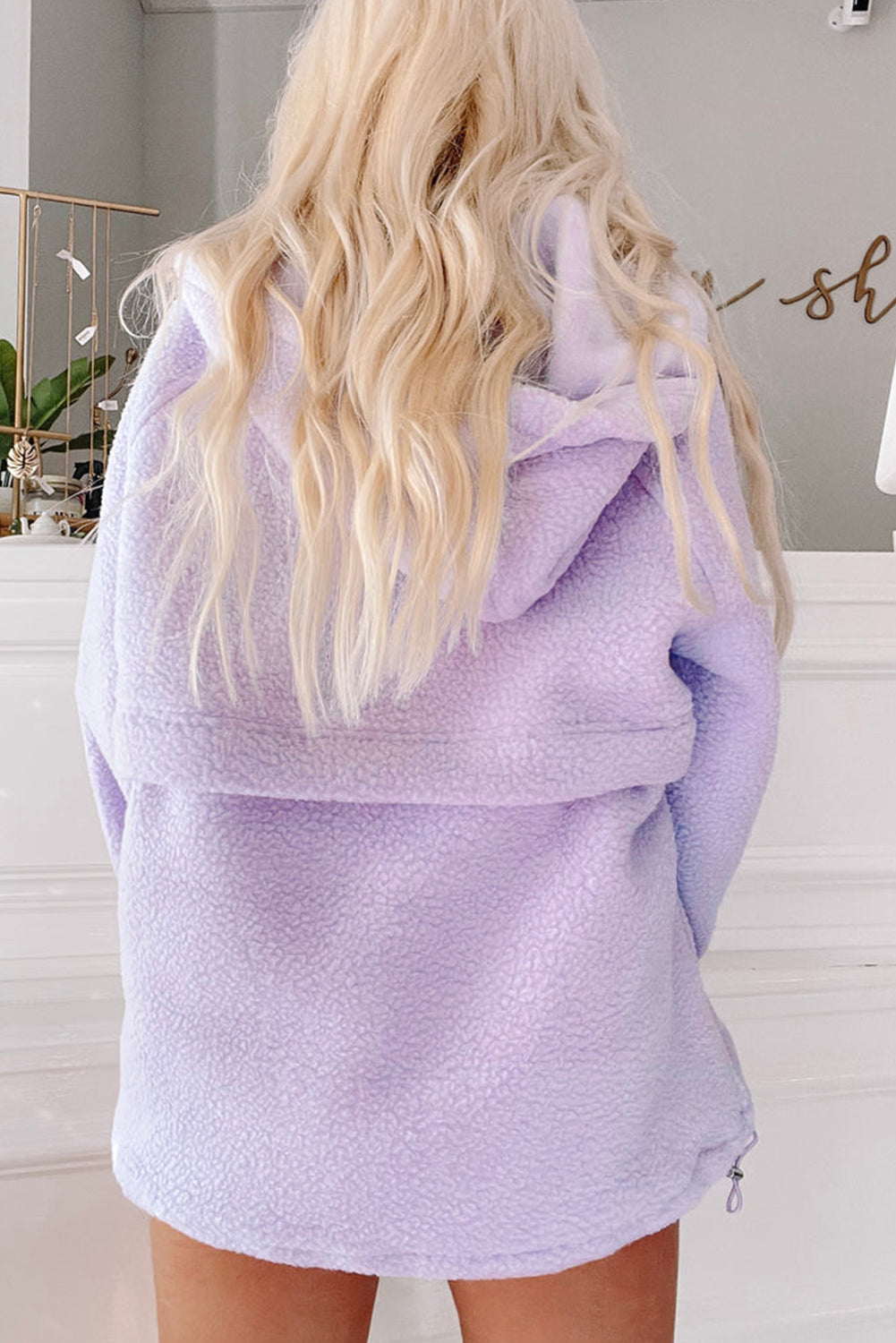 Lavender Zipped Patch Pocket Fuzzy Drawstring Hoodie