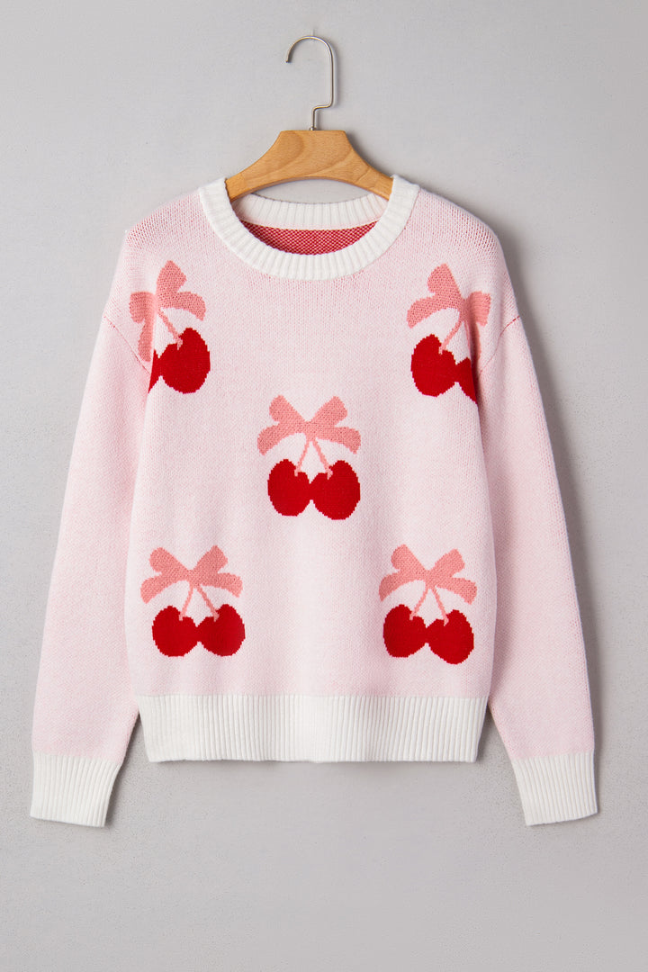 White Cherry Pattern Drop Shoulder Sweater